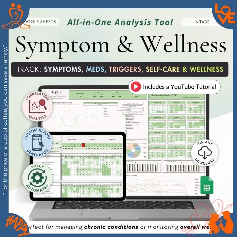 Symptom and wellness tracker spreadsheet with correlation analyzer and custom report generator