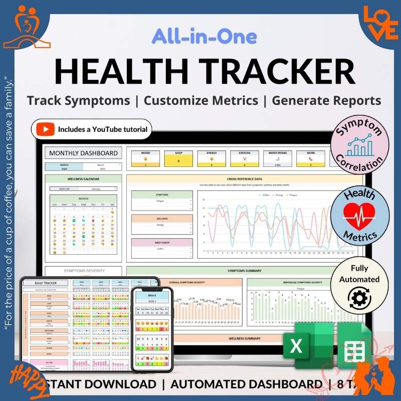 All‑in‑one health tracker showing monthly dashboard, daily log, and symptom charts