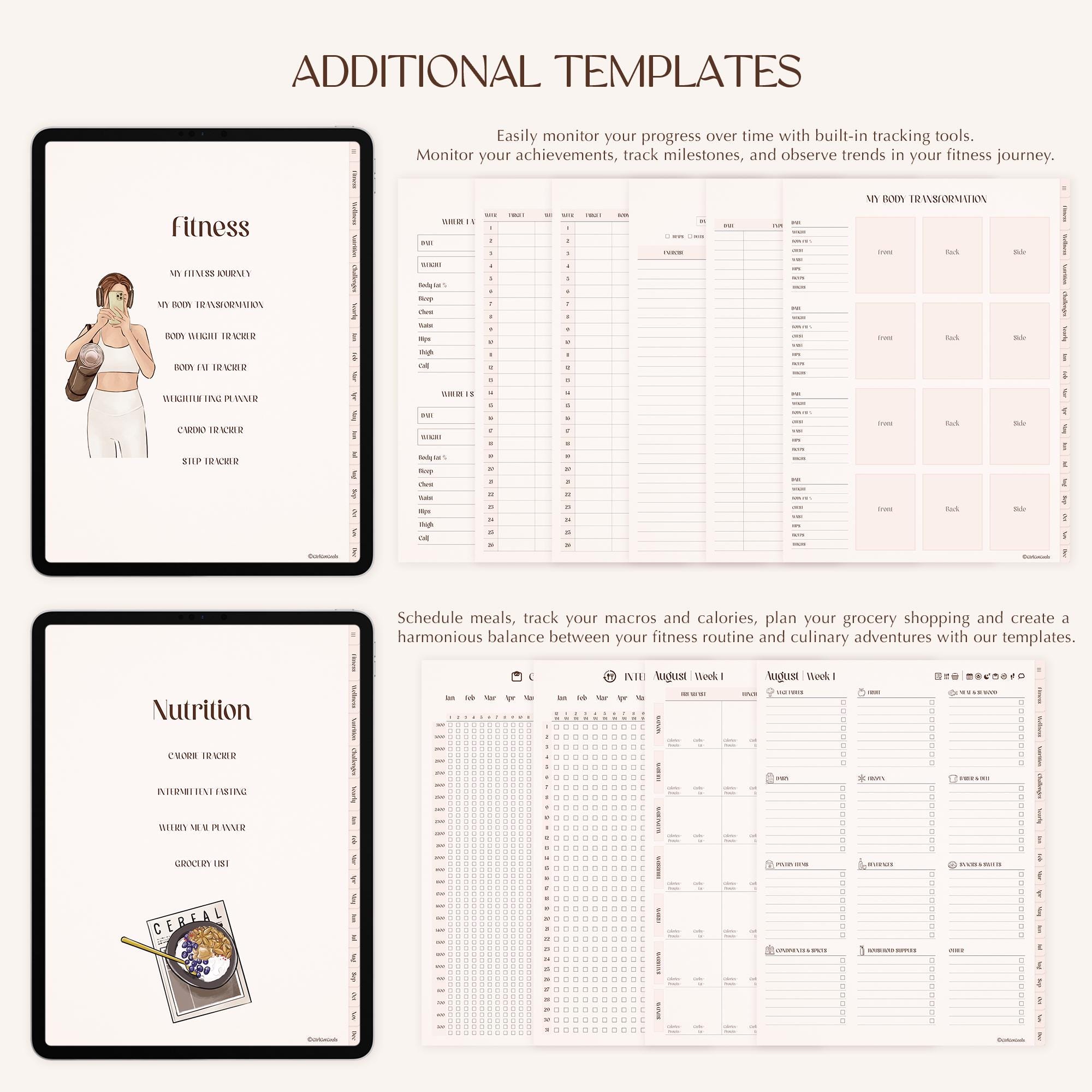 Additional templates for fitness and nutrition including workout trackers, transformation logs, calorie and meal planning sheets