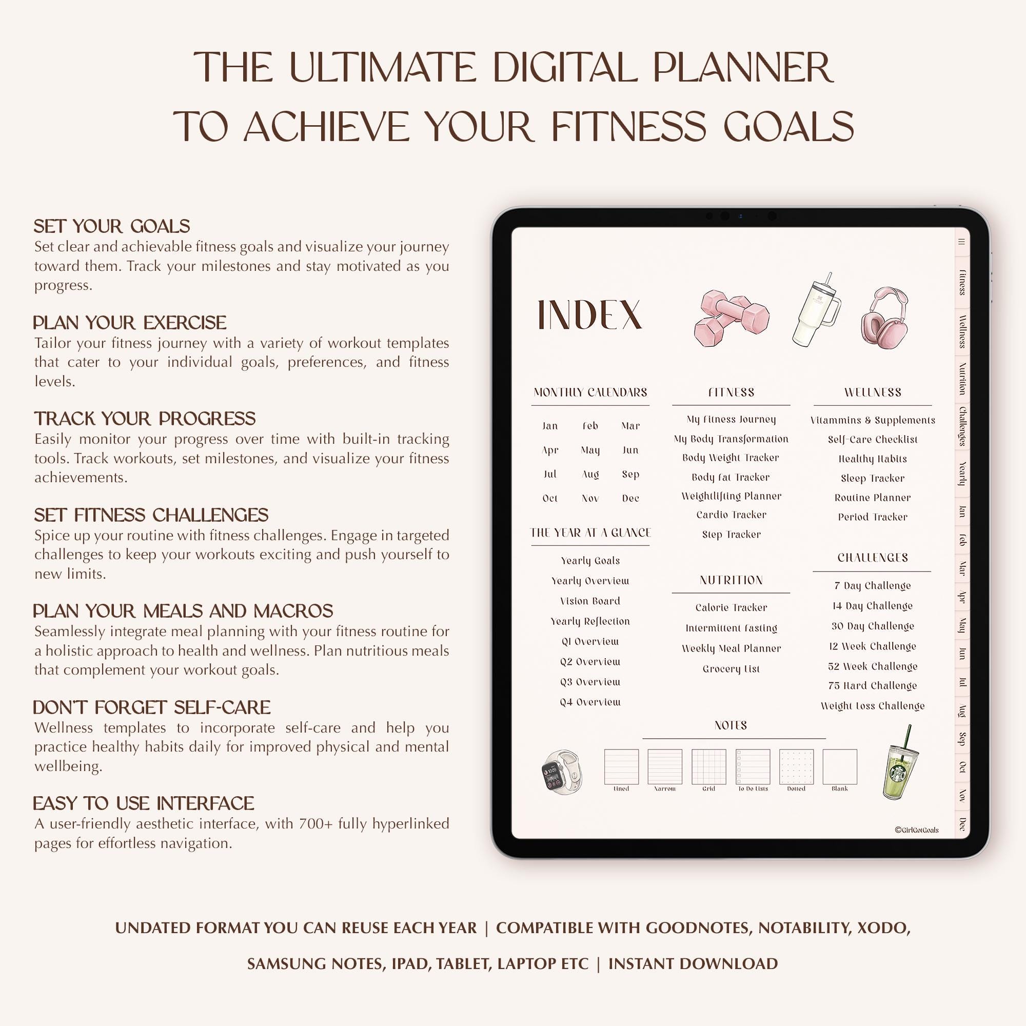 The Ultimate Digital Fitness Planner index page with monthly calendars, wellness, nutrition, and fitness goals