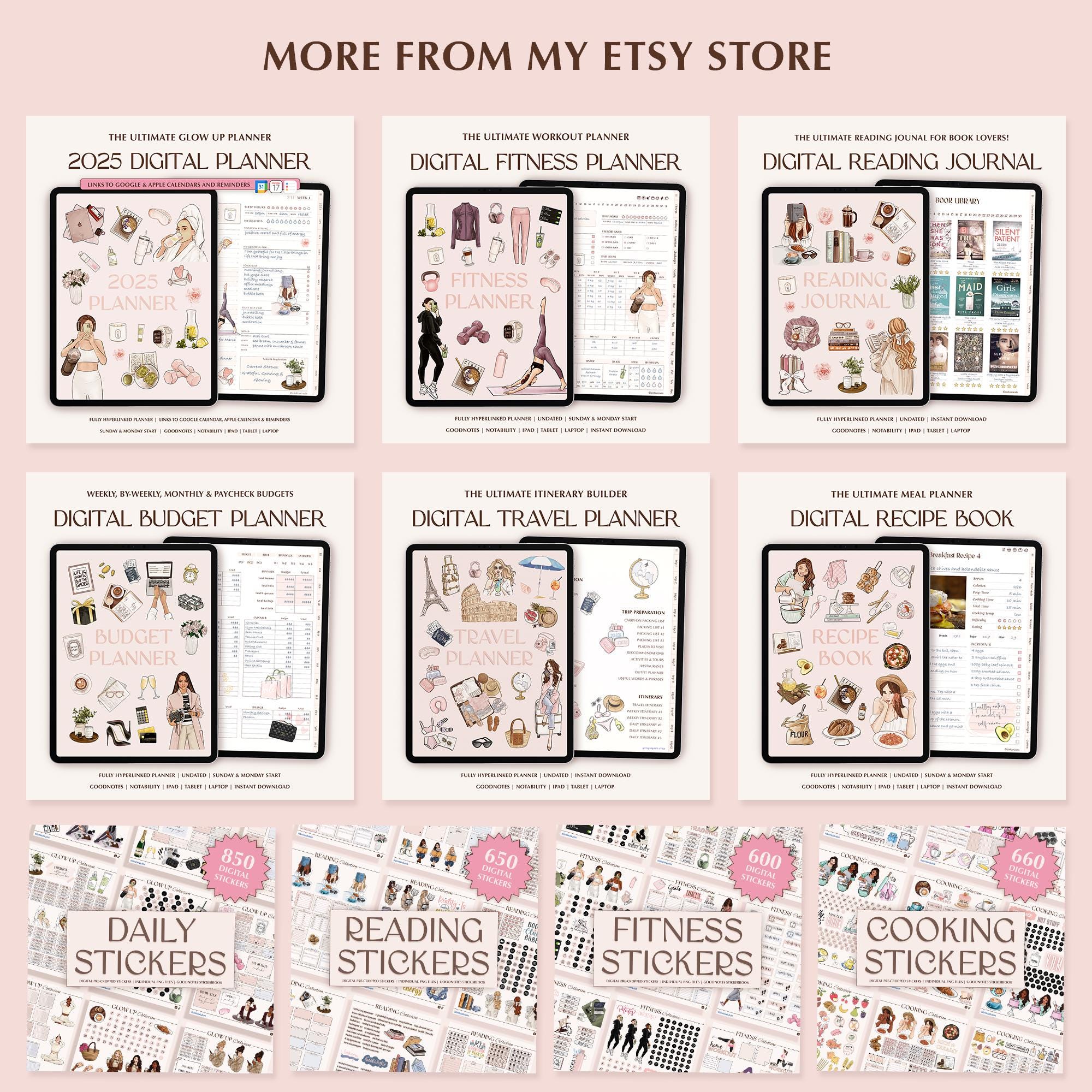 More from Etsy store: digital planners, fitness planners, reading journals, recipe books, travel planners, and stickers