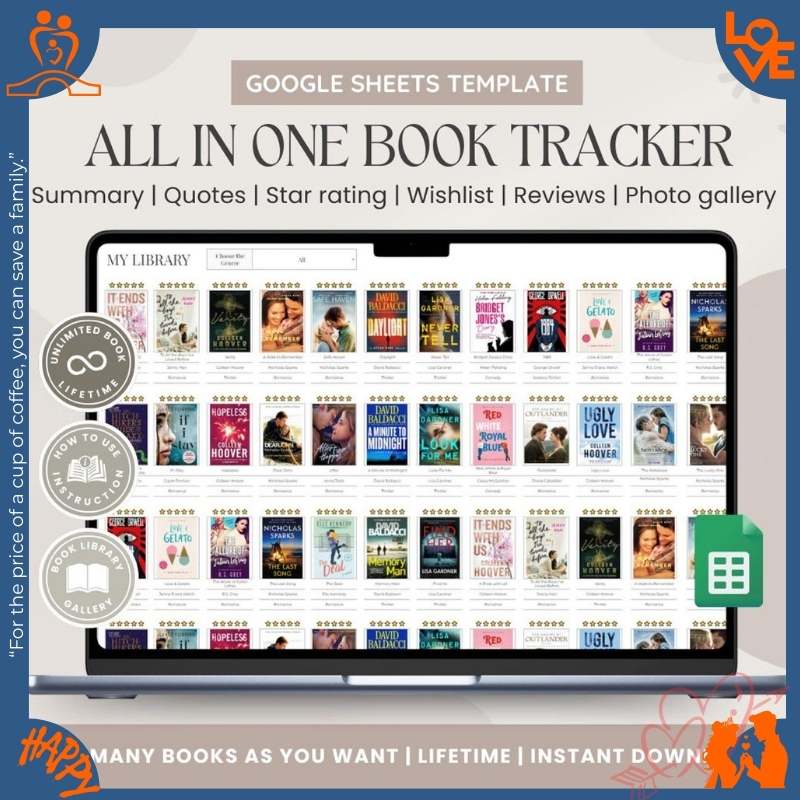 All-in-one book tracker with cover gallery, star ratings, and review fields in Google Sheets