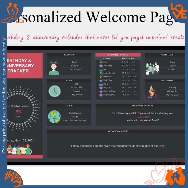 Birthday and anniversary tracker dashboard with countdown, upcoming events, and profile cards