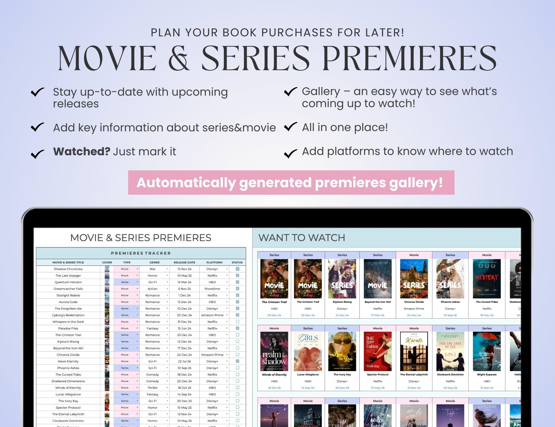 Movies & Videos Tracker with Gallery, Series Planner with Review Spreadsheet template google sheet V1.0.4 - Image 3
