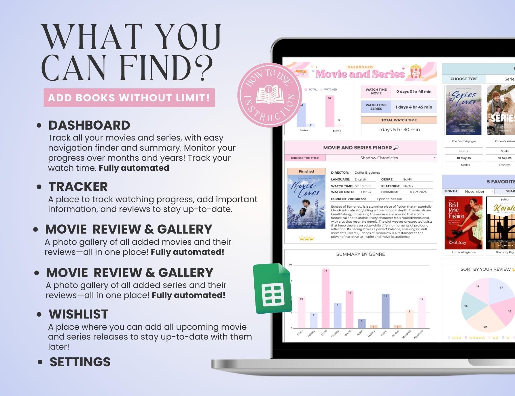 Movies & Videos Tracker with Gallery, Series Planner with Review Spreadsheet template google sheet V1.0.4 - Image 4