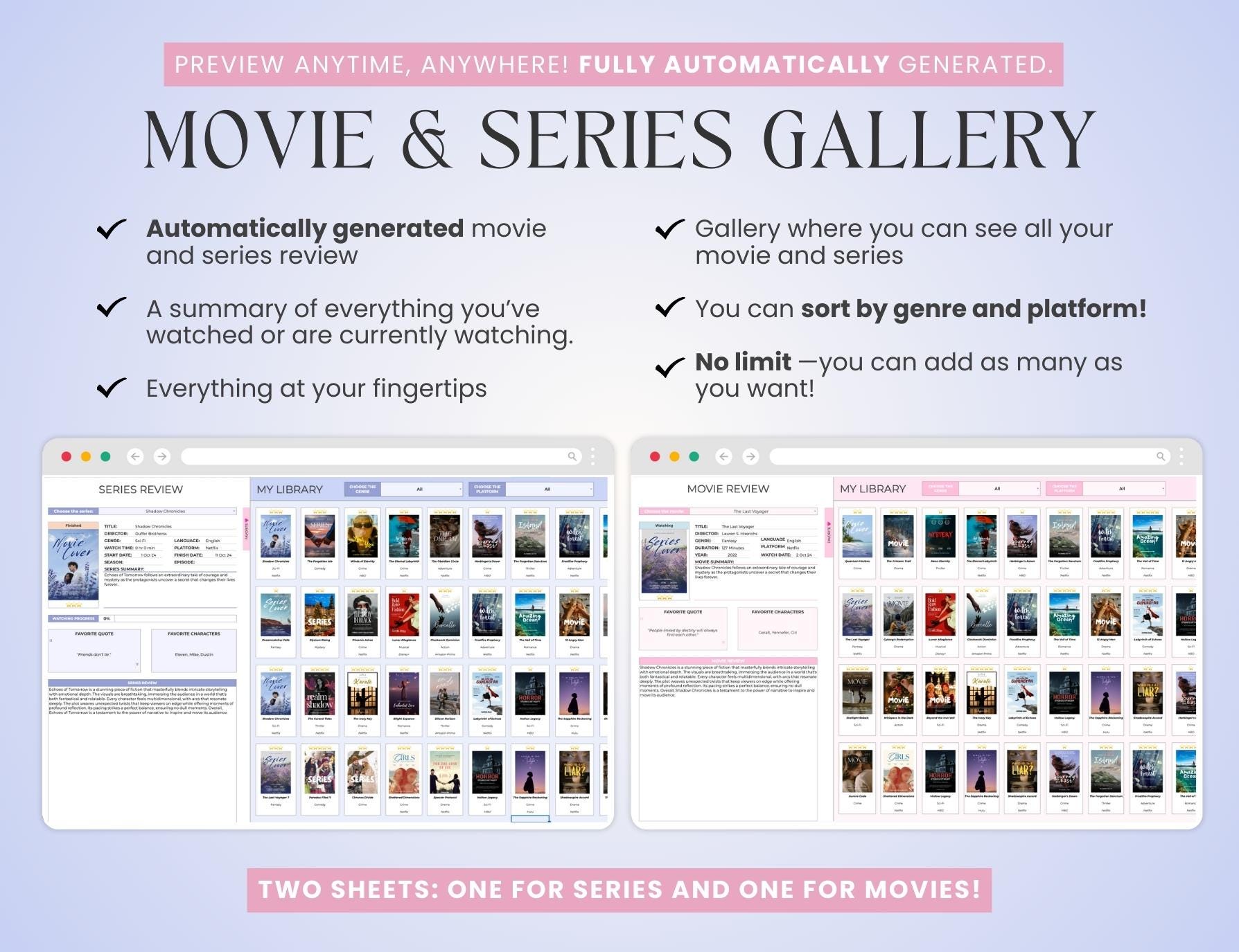 Movies & Videos Tracker with Gallery, Series Planner with Review Spreadsheet template google sheet V1.0.4 - Image 6