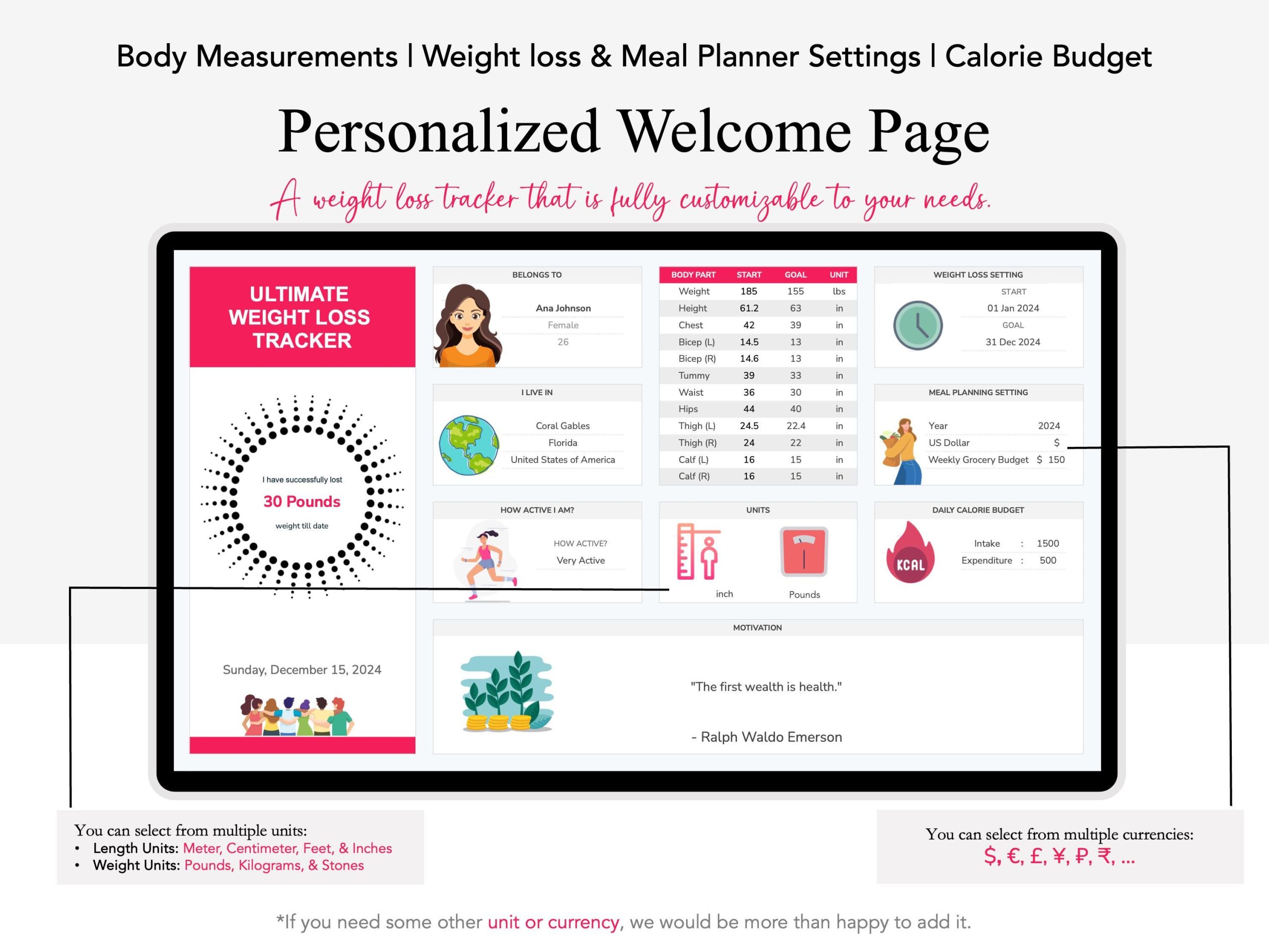 Weight Loss & Fitness Tracker Spreadsheet for Google Sheets, Meal Planner, Calorie Tracker, Digital Workout Planner, Body Measurement Chart V4.2.3 - Image 7