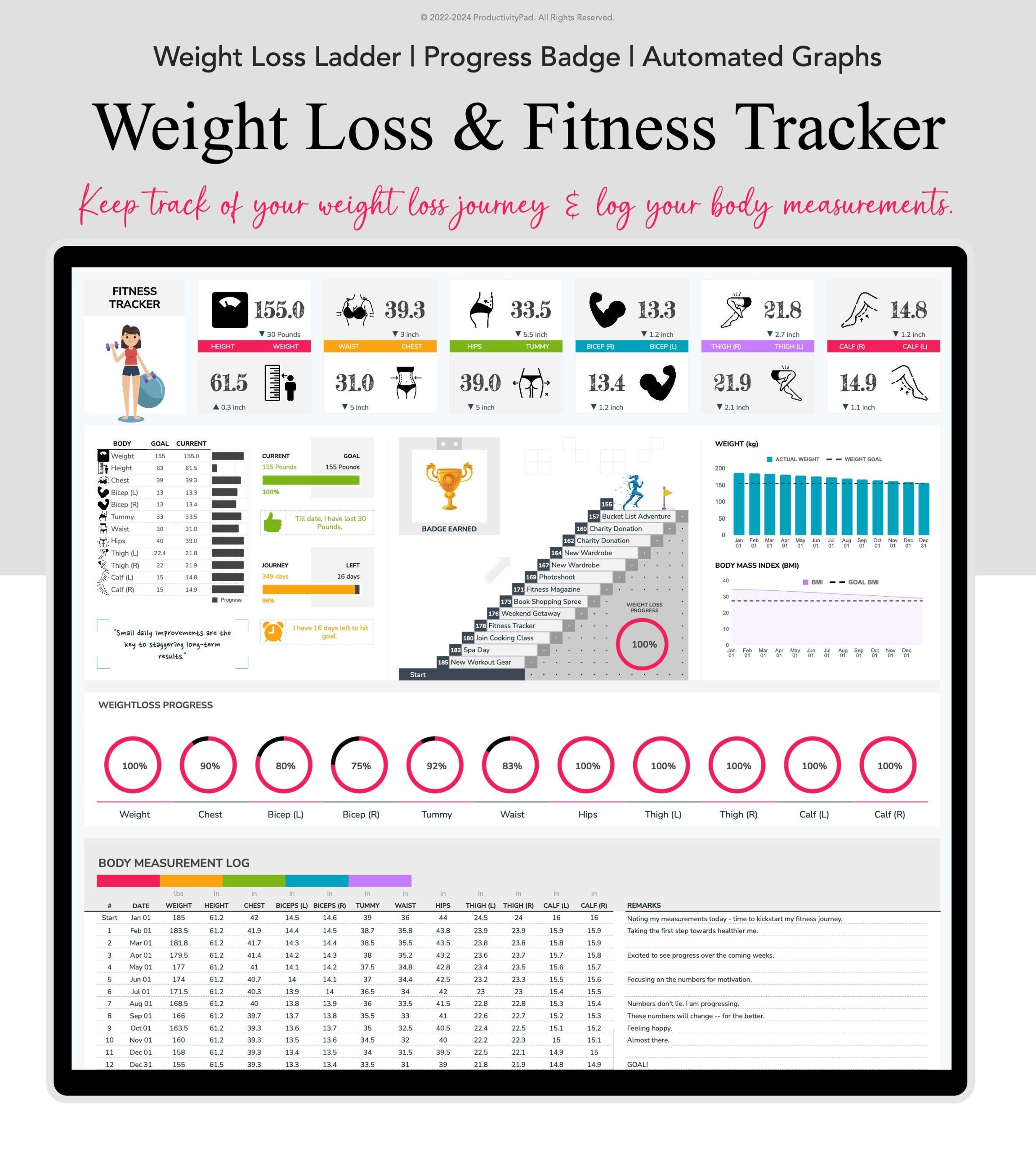 Weight Loss & Fitness Tracker Spreadsheet for Google Sheets, Meal Planner, Calorie Tracker, Digital Workout Planner, Body Measurement Chart V4.2.3 - Image 6