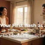 A happy couple collaborating in a warm kitchen preparing for their first dinner party, smiling together over a to-do list.