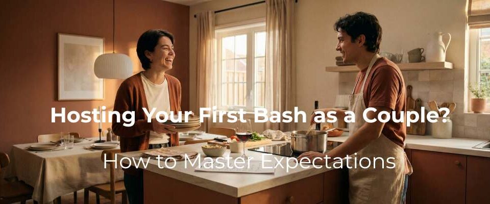 A happy couple collaborating in a warm kitchen preparing for their first dinner party, smiling together over a to-do list.