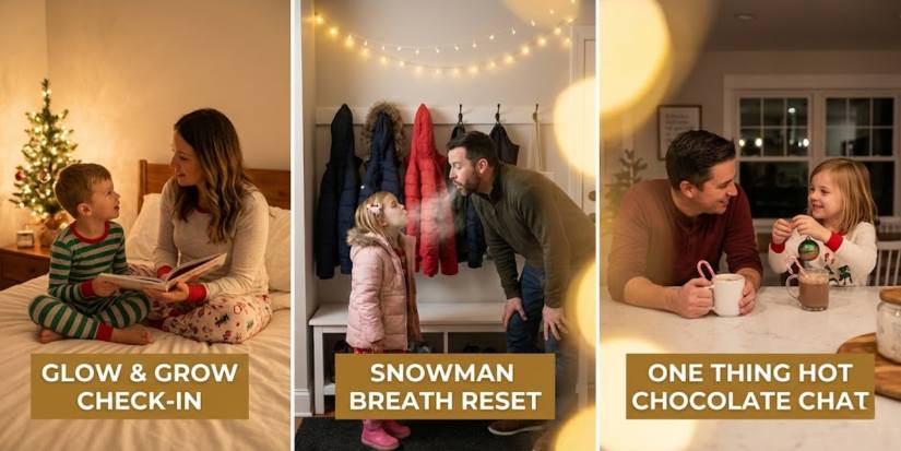 A three-panel photo collage illustrating simple holiday connection rituals for families. The left panel, labeled 