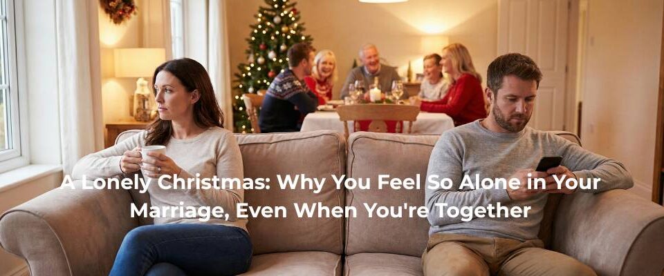 A wide-angle photograph illustrating marital loneliness during the holidays. A couple sits at opposite ends of a sofa; the wife gazes sadly out a window while the husband is engrossed in his phone. In the background, a happy multi-generational family enjoys Christmas dinner near a decorated tree, creating a sharp contrast to the couple's isolation.