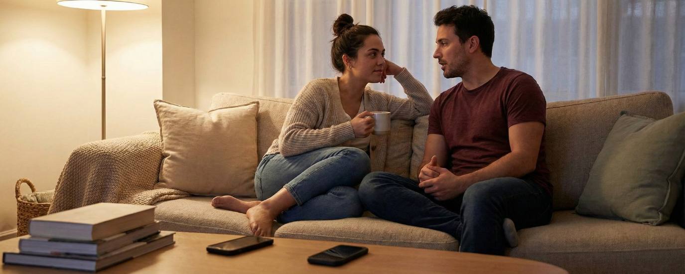 A couple sits together on a couch, practicing active listening by making eye contact and having a focused conversation. Their phones are placed face down on the coffee table, symbolizing a commitment to disconnect from distractions and improve communication in their relationship.