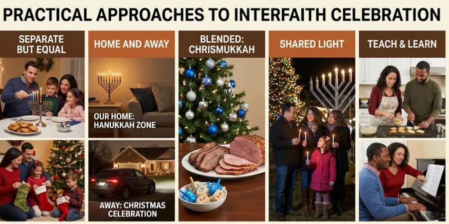 Infographic titled 'PRACTICAL APPROACHES TO INTERFAITH CELEBRATION', illustrating five different models for multicultural families during the holidays. The panels include: 'SEPARATE BUT EQUAL' showing distinct Hanukkah menorah lighting and Christmas stocking opening scenes; 'HOME AND AWAY' with a 'HANUKKAH ZONE' at home and a 'CHRISTMAS CELEBRATION' at another location; 'BLENDED: CHRISMUKKAH' featuring a decorated Christmas tree, ham, brisket, and dreidels; 'SHARED LIGHT' with a family holding candles amidst both Christmas lights and a large menorah; and 'TEACH & LEARN' showing a family cooking latkes together and learning to play a carol on the piano.
                                                                                                                  