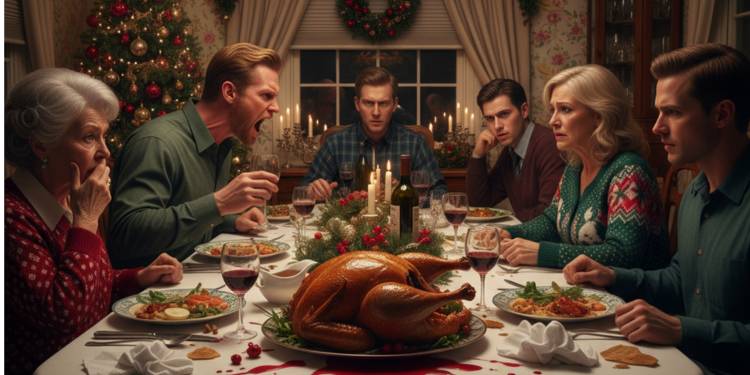 Family argument at holiday dinner with angry relatives, spilled wine, and Christmas decorations.