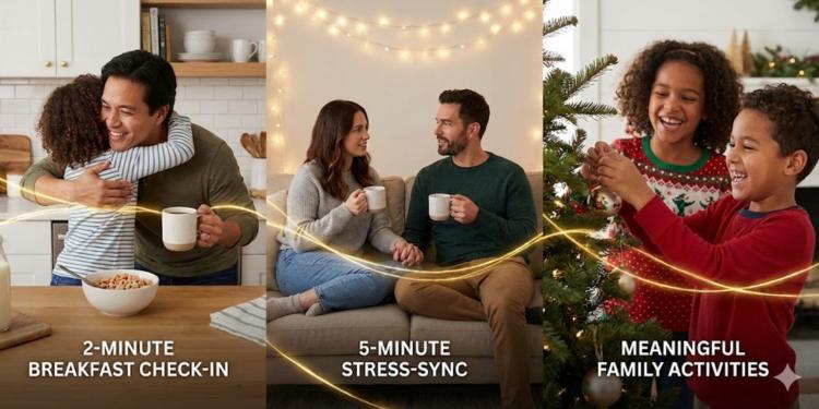 A collage of three heartwarming family micro-habits for busy holidays: a father hugging his child during a 2-minute breakfast check-in, a couple holding hands for a 5-minute stress-sync on the sofa with coffee, and happy siblings hanging ornaments on a Christmas tree as a meaningful family activity. A golden light thread connects all three scenes, symbolizing connection over perfection.