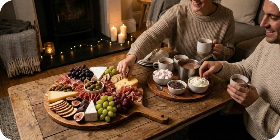 A couple in knit sweaters smiles while sharing a charcuterie board laden with cheeses, meats, and fruit, and a hot chocolate bar with marshmallows and whipped cream, on a rustic wooden coffee table in a cozy living room lit by a fireplace, candles, and fairy lights.