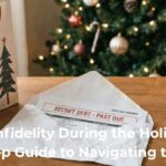 Open envelope with secret debt statement on a table next to a Christmas gift bag, symbolizing financial infidelity during the holidays.