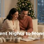 A smiling couple peacefully collaborating on their joint holiday financial plan in a notebook, sitting in a warm, cozy living room decorated for Christmas.