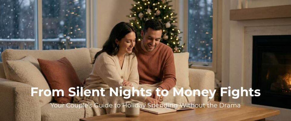 A smiling couple peacefully collaborating on their joint holiday financial plan in a notebook, sitting in a warm, cozy living room decorated for Christmas.