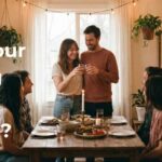 Happy couple toasting at a cozy dinner party with friends, illustrating successful first-time hosting.