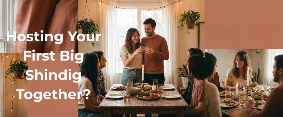 Happy couple toasting at a cozy dinner party with friends, illustrating successful first-time hosting.
