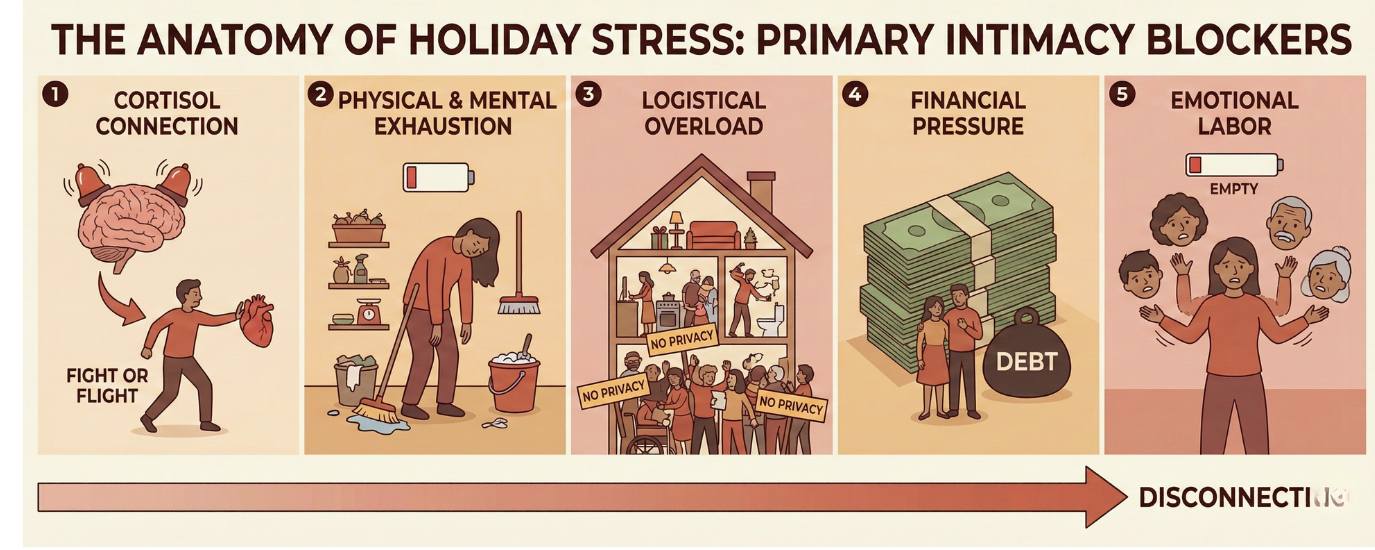 A horizontal hero illustration showing a couple looking overwhelmed and distant amidst chaotic holiday preparations, visually representing the impact of holiday stress and intimacy blockers on relationship connection.