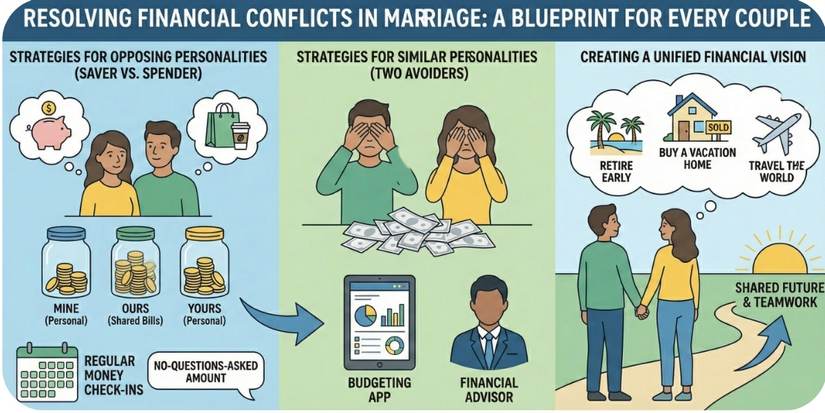 Infographic illustrating strategies for managing money disagreements.