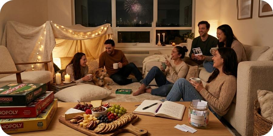 A group of friends laughing and enjoying a cozy New Year's Eve night in, gathered in a living room with a blanket fort, string lights, and a dog. They are sharing snacks from a cheese board, drinking from mugs, and playing board games like Monopoly, with a jar for intentions on the table. Fireworks are visible outside the window over a city skyline.