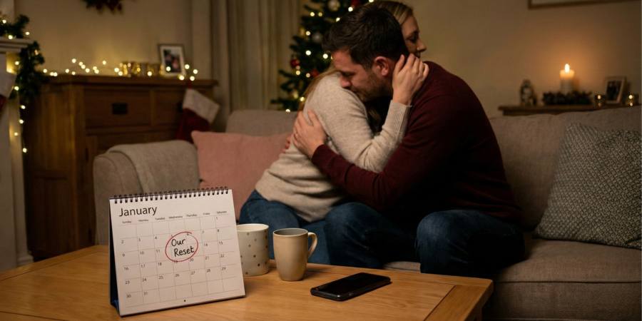 A warm, intimate photograph of a couple sharing a deep embrace on a sofa in a Christmas-decorated living room. In the foreground, a calendar on a coffee table is open to January, with a date circled and labelled 'Our Reset.' Next to it are two mugs and a smartphone placed face down, symbolizing a moment of disconnecting from technology to focus on connection and planning for the future.
