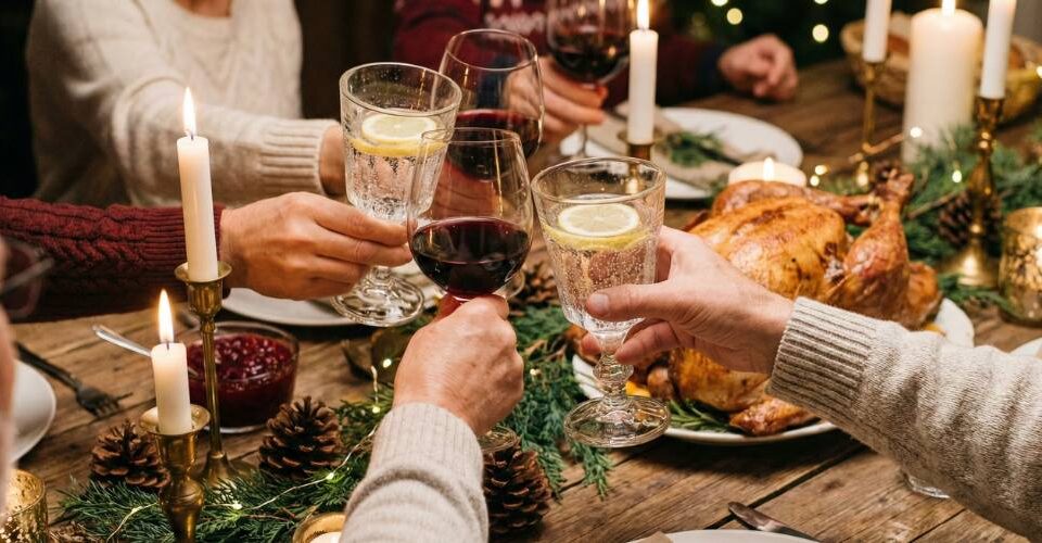 Warm holiday dinner table with family toasting with wine and sparkling water, creating a cozy and peaceful atmosphere.