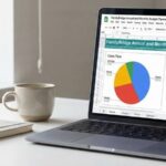 A laptop on a bright home office desk, displaying the colorful dashboard of the FamilyBridge Google Sheets Budget Planner, including a cash flow pie chart and a monthly spending heatmap.