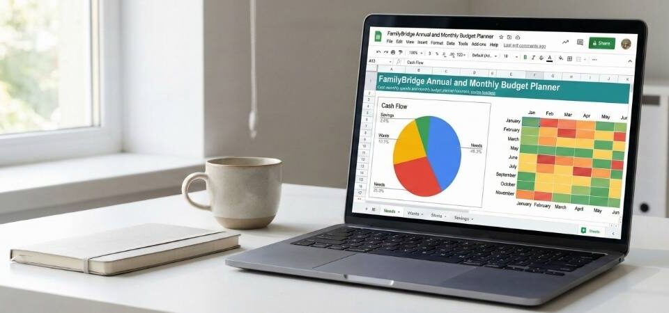 A laptop on a bright home office desk, displaying the colorful dashboard of the FamilyBridge Google Sheets Budget Planner, including a cash flow pie chart and a monthly spending heatmap.