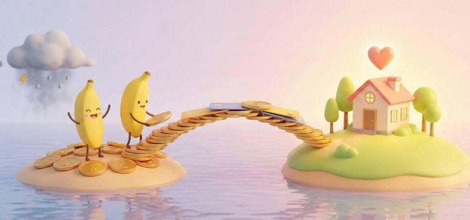 Playful 3D illustration of a couple building a bridge with coins and credit cards from a stormy island to a happy home, symbolizing the journey to stop couples fighting about money and build financial intimacy.