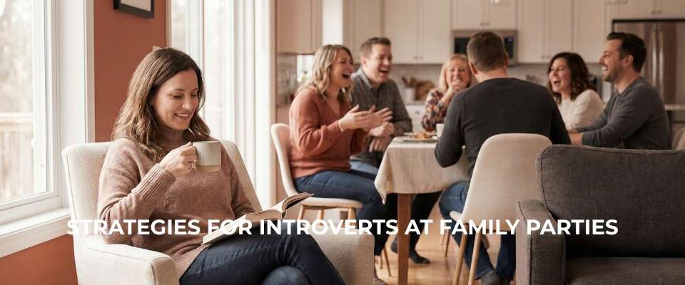 Introvert woman reading a book and drinking tea in a quiet corner, managing her energy while a loud family party continues in the background.