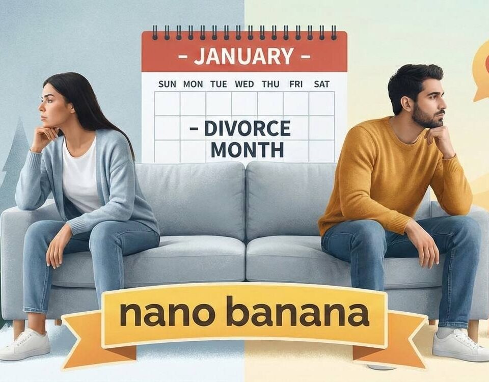 Conceptual illustration showing a distant couple sitting on a couch under a 'January - Divorce Month' calendar. The image contrasts the post-holiday winter blues on the left with tools for relationship repair and love on the right, featuring a 'nano banana' branding banner at the bottom.