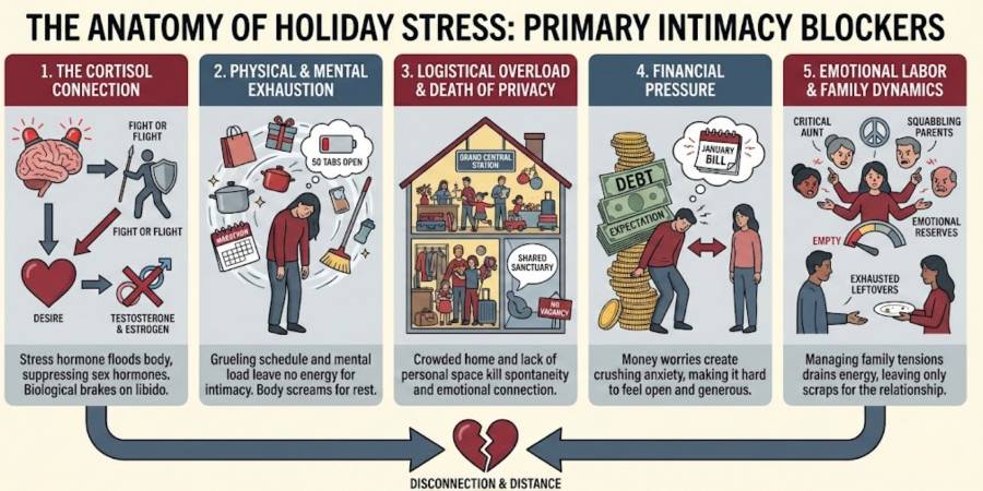 An infographic titled 'The Anatomy of Holiday Stress: Primary Intimacy Blockers' illustrating five causes of relationship disconnection.