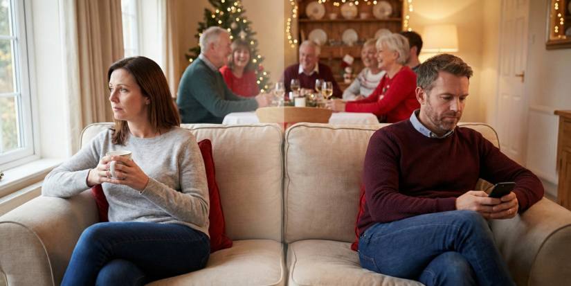 A split-composition photo depicting marital loneliness during Christmas. In the foreground, a couple sits on a sofa, physically close but emotionally distant; the wife gazes sadly out the window while the husband scrolls on his phone. In the soft-focus background, a happy family gathers around a festive dinner table, creating a sharp contrast between the couple's isolation and the holiday cheer.