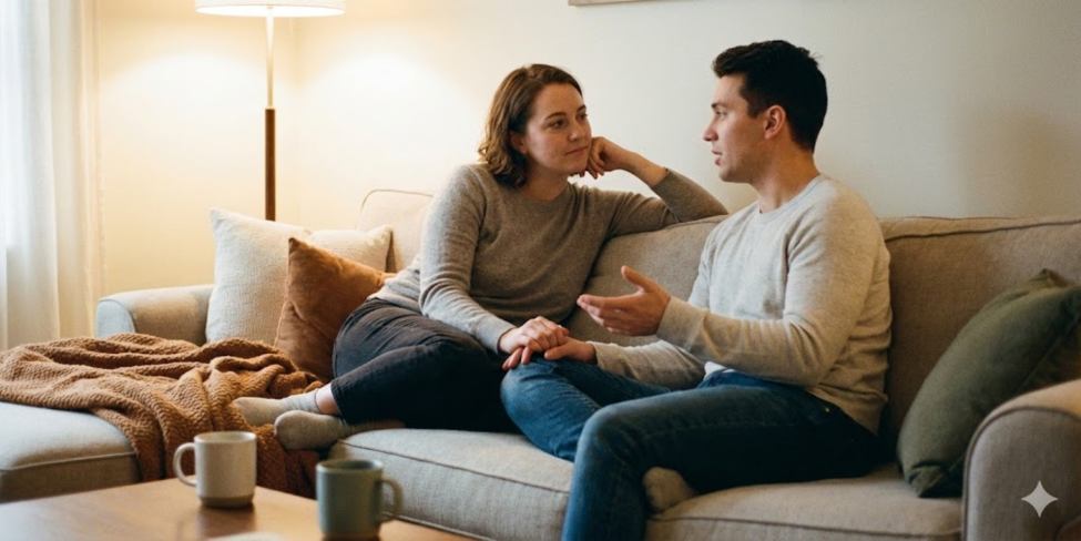 A man and a woman sitting on a couch, engaged in a deep conversation. The woman is listening intently and holding the man's hand, demonstrating true presence and listening to understand, while the man speaks openly. This illustrates the core principles of active listening and creating emotional safety in a relationship.