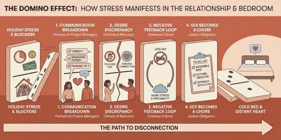 An infographic titled 'The Domino Effect: How Stress Manifests in the Relationship' illustrating the four stages of romantic disconnection during the holidays.