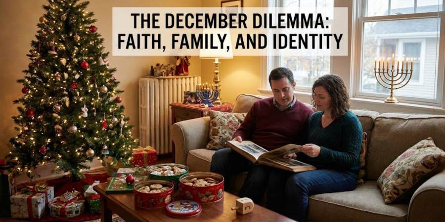 Interfaith couple sitting in a cozy living room decorated with both a Christmas tree and a Menorah, looking through a family photo album together. The scene illustrates the 'December Dilemma' and the emotional importance of blending Jewish and Christian holiday traditions.