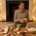 A group of three friends in a warmly lit, cozy living room during a New Year's Eve gathering, engaging in screen-free activities like writing in a journal and holding a time capsule box, with snacks and mugs on a low table.