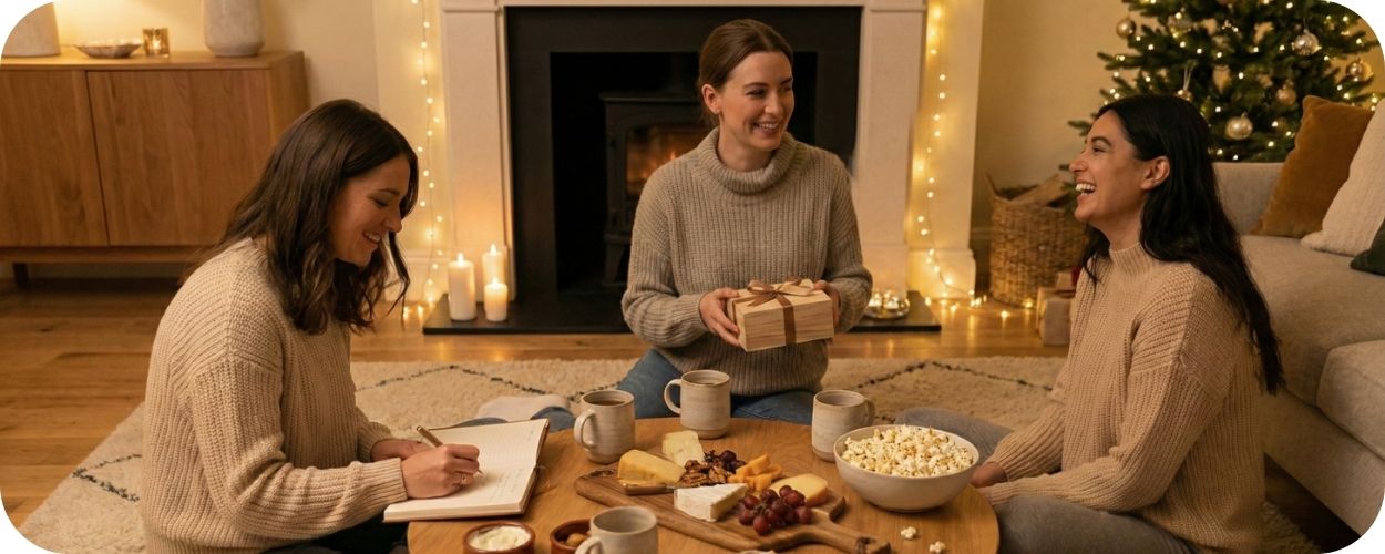 A group of three friends in a warmly lit, cozy living room during a New Year's Eve gathering, engaging in screen-free activities like writing in a journal and holding a time capsule box, with snacks and mugs on a low table.
