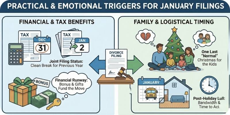 Infographic titled 'PRACTICAL & EMOTIONAL TRIGGERS FOR JANUARY FILINGS'