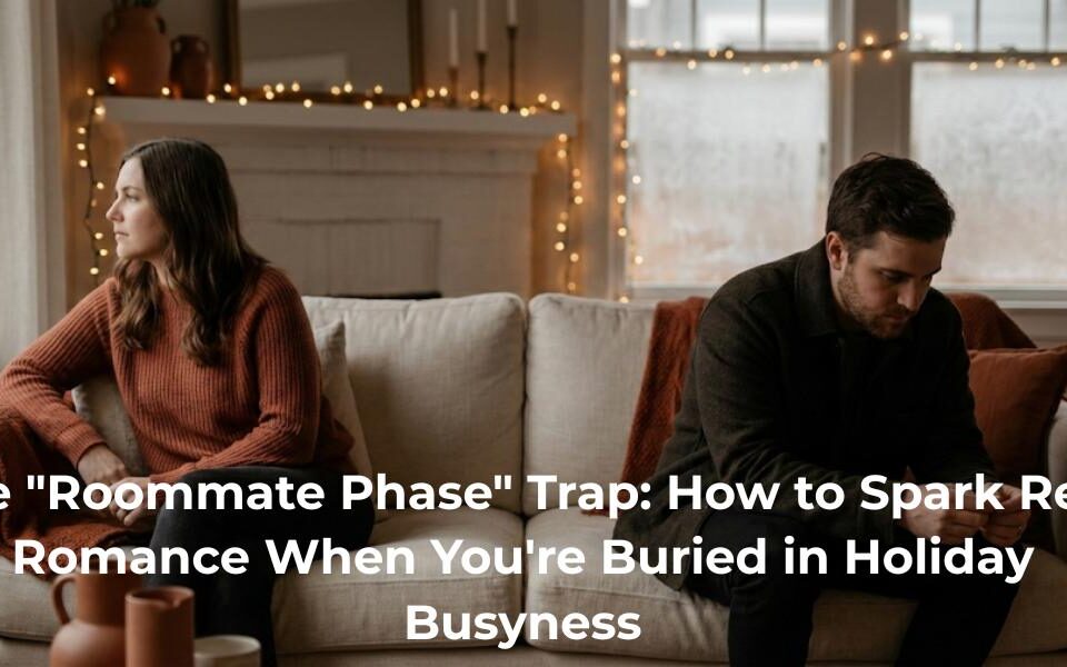 A distant couple sitting apart on a sofa amid holiday decorations, illustrating seasonal disconnect and relationship strain.