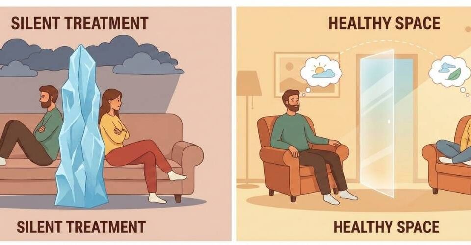 A two-panel illustration comparing 'Silent Treatment' with a couple separated by an ice wall and storm clouds, versus 'Healthy Space' where they are in separate chairs with a 'Pause - Back at 3 PM' note and peaceful activities.