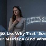 Sad wife sitting near an apology gift necklace while distant husband stands in doorway, illustrating gifts instead of affection in a struggling marriage.