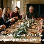 A joyful, candid photograph of a multi-generational family holding hands and laughing around a rustic dining table laden with food and candles during a Christmas gathering. The scene emphasizes connection over clutter, with no wrapped gifts in sight, illustrating a stress-free, no-gift holiday celebration focused on quality time together.