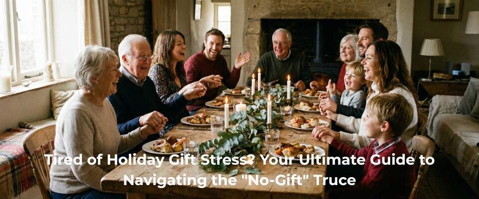 A joyful, candid photograph of a multi-generational family holding hands and laughing around a rustic dining table laden with food and candles during a Christmas gathering. The scene emphasizes connection over clutter, with no wrapped gifts in sight, illustrating a stress-free, no-gift holiday celebration focused on quality time together.