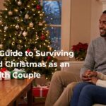 Joyful interfaith couple holding hands on a couch, celebrating Hanukkah and Christmas together with a lit menorah and a decorated Christmas tree side-by-side in their home.